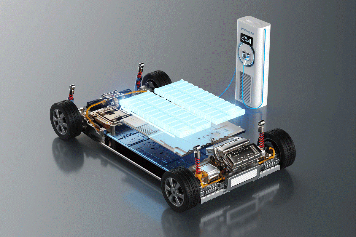 EV chassis cutaway showing battery pack and charging system